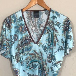 j.t.b. blue/brown paisley flutter sleeve top